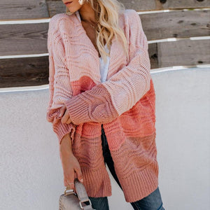 Patchwork Hit Color Knitted Long Sleeve Sweater Coat