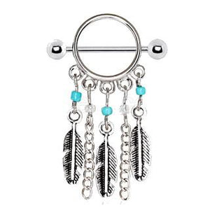 316L Surgical Steel Turquoise Beads Feather Dangle Nipple Shield