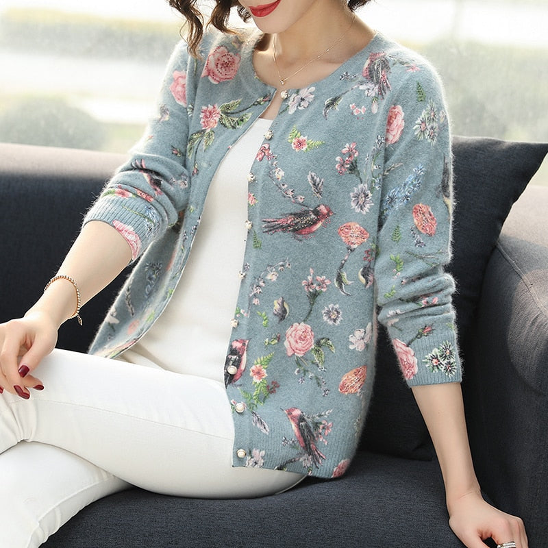 Cardigan-Sweater - Floral bird pattern