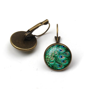 Bohemian Glass Convex Round Peacock Earrings - brass or silver (stainless steel)