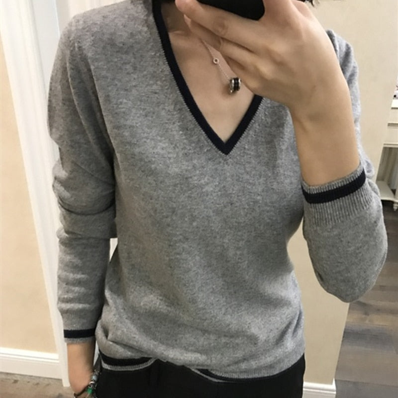 Cashmere sweater female V-neck pullover loose long-sleeved